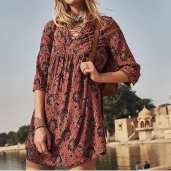 Madewell Red and Blue V-Neck Bell Sleeve Mini Dress - Picture 11 of 11